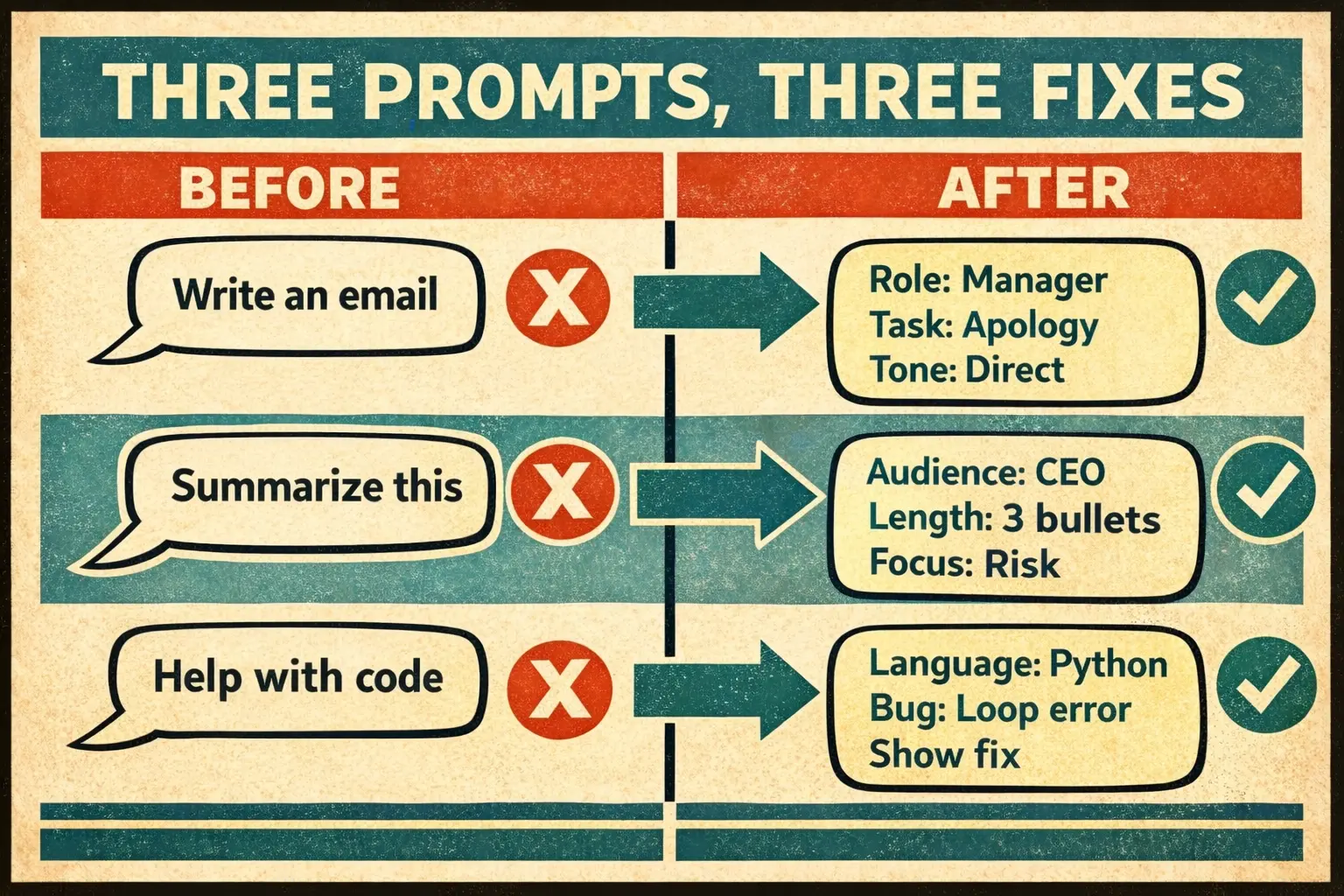 Three prompt engineering before-and-after examples showing vague versus structured prompts