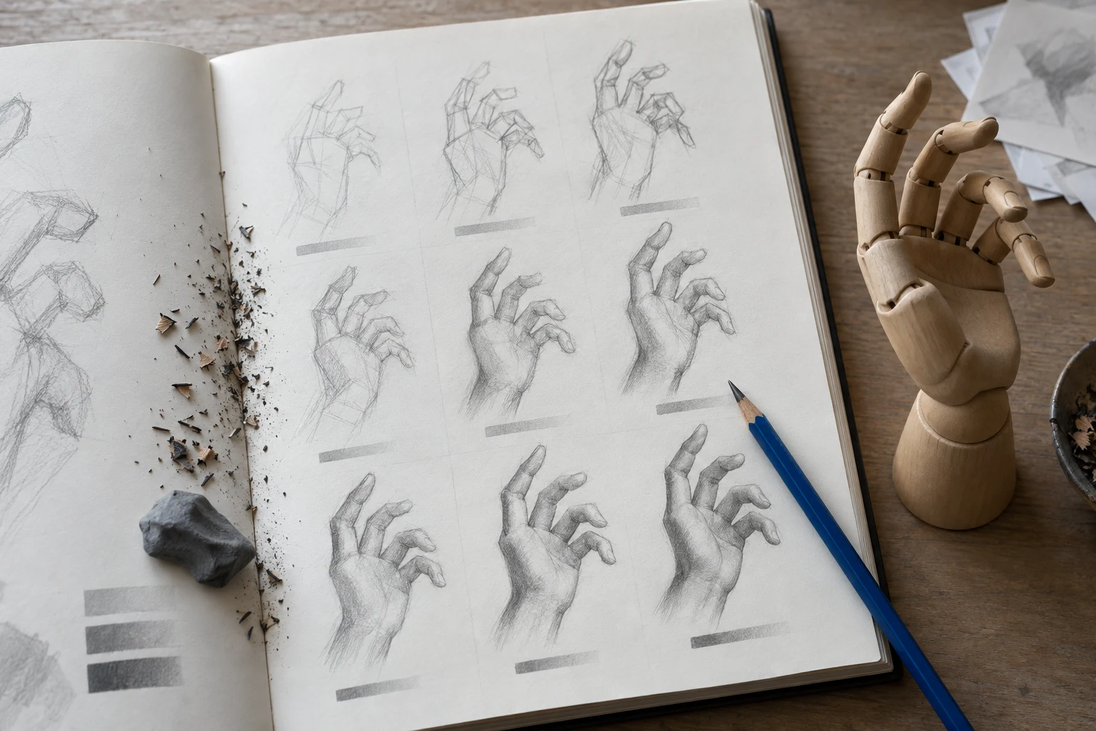 Sketchbook page of pencil hand studies growing more refined, beside a wooden artist hand model and a blue pencil
