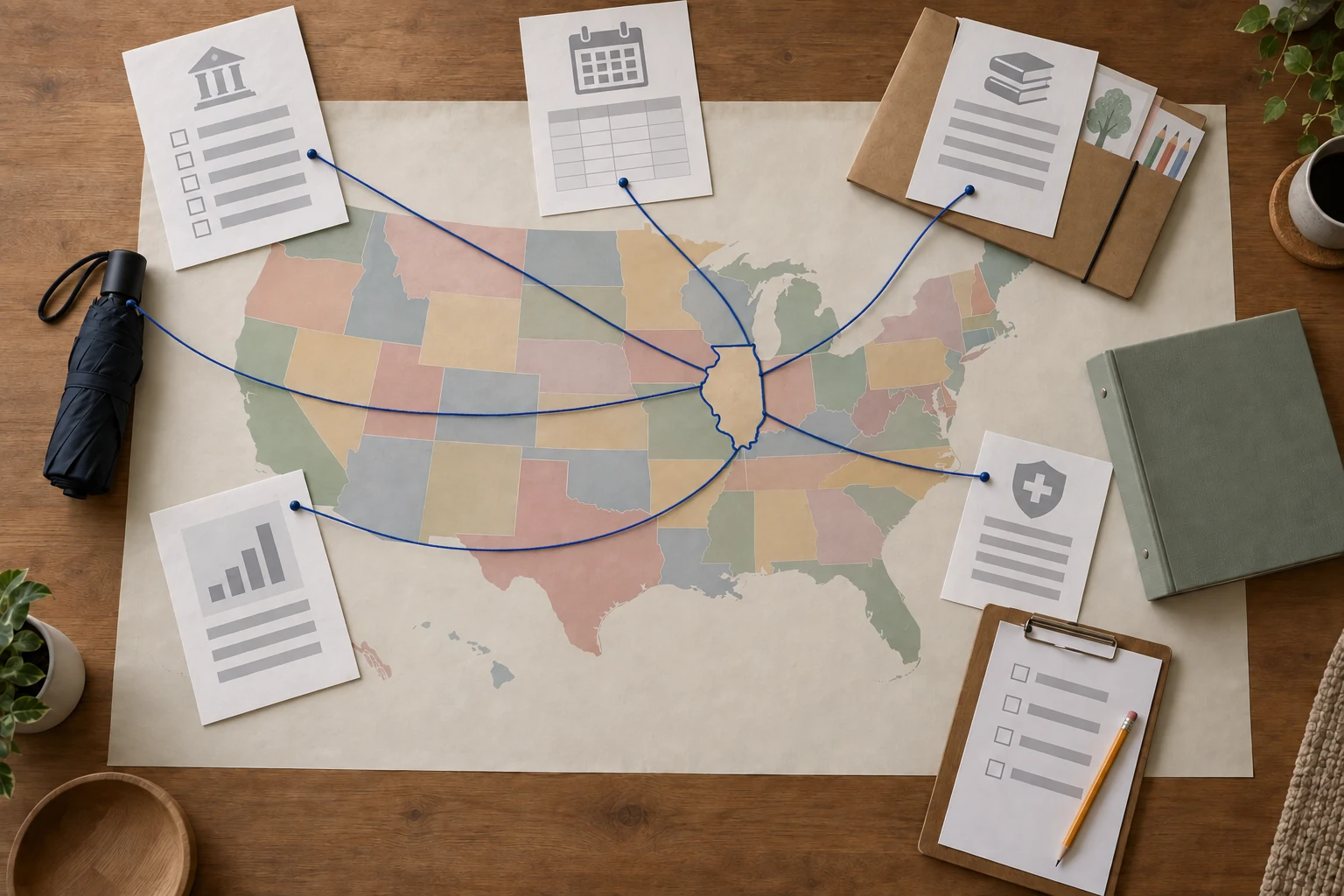 US map with blue strings linking one state to five homeschool paperwork sheets placed around its edges
