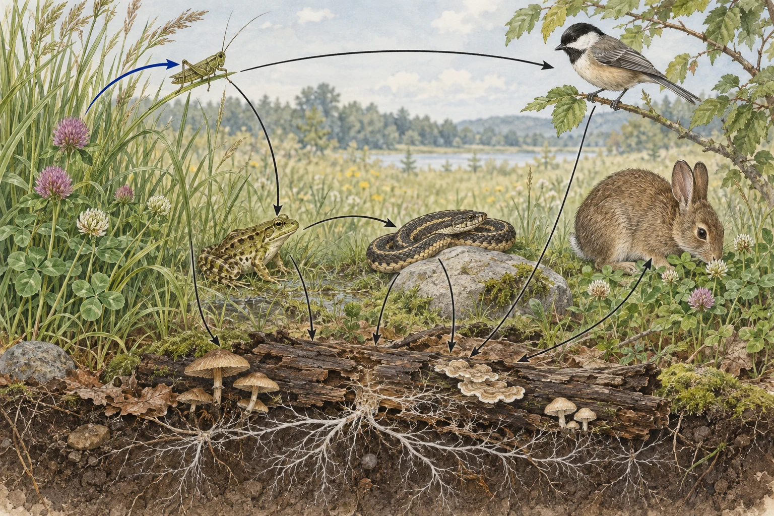 Watercolor meadow food web with arrows from grasshopper, frog, snake, bird and rabbit leading down to mushrooms