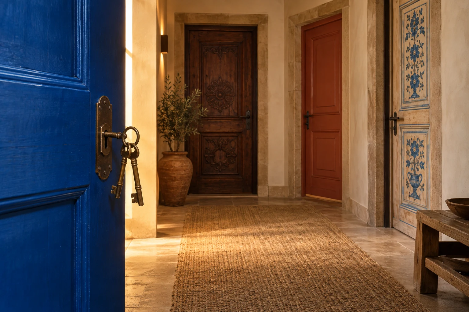 Open blue door with two old keys in its lock, looking down a hallway toward more closed doors