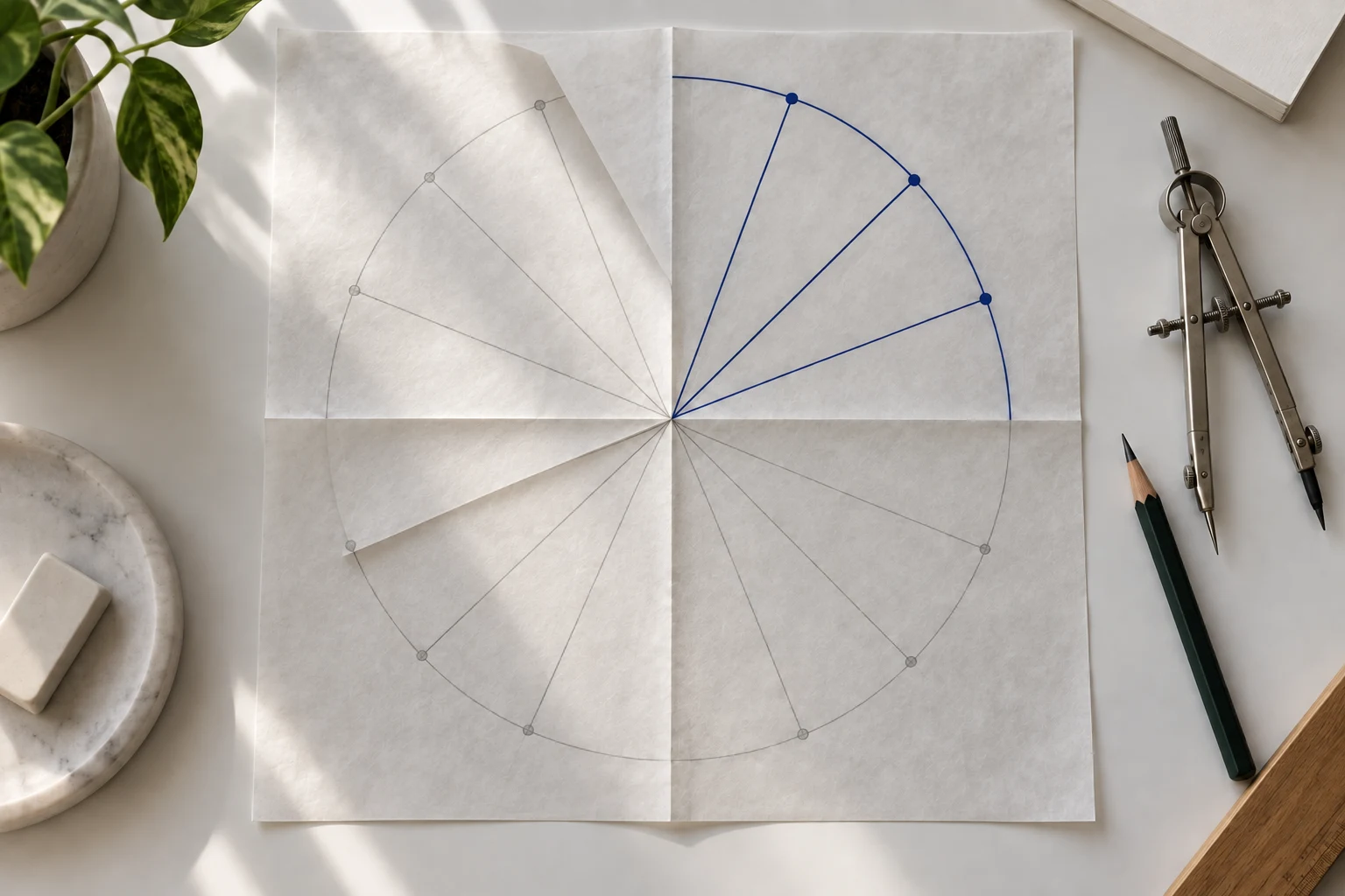 Folded tracing paper circle with one quarter inked in blue rays and points, the other three quarters traced faintly