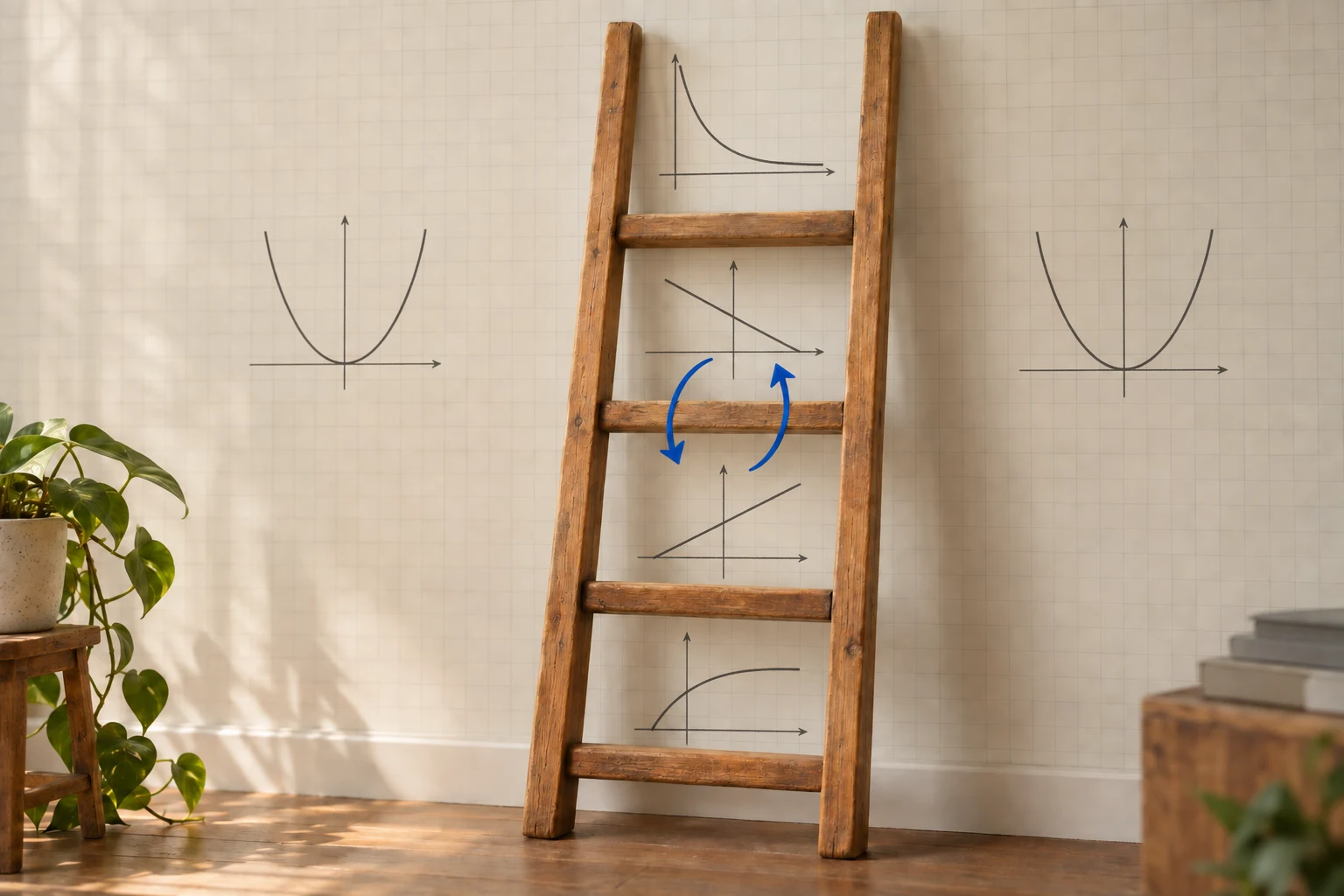 Wooden ladder against graph paper with a different curve drawn at each rung and blue arrows looping between two rungs