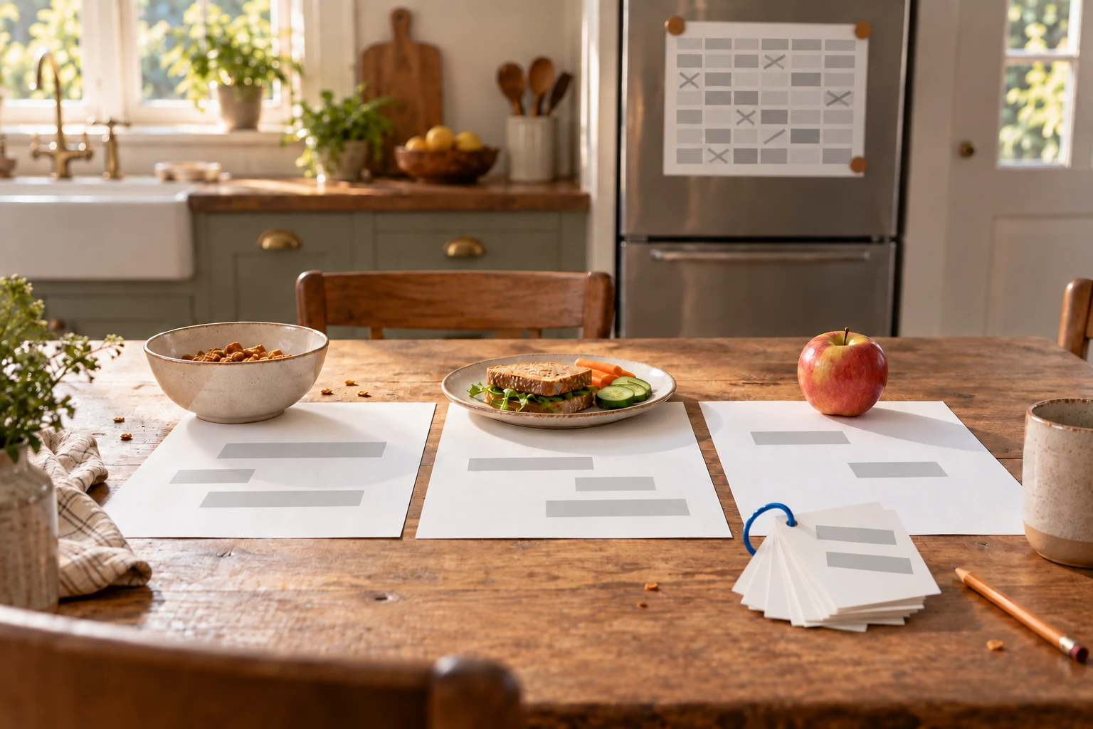 Kitchen table with three blank block sheets and a ring of cards, while a crossed-out timetable hangs on the fridge