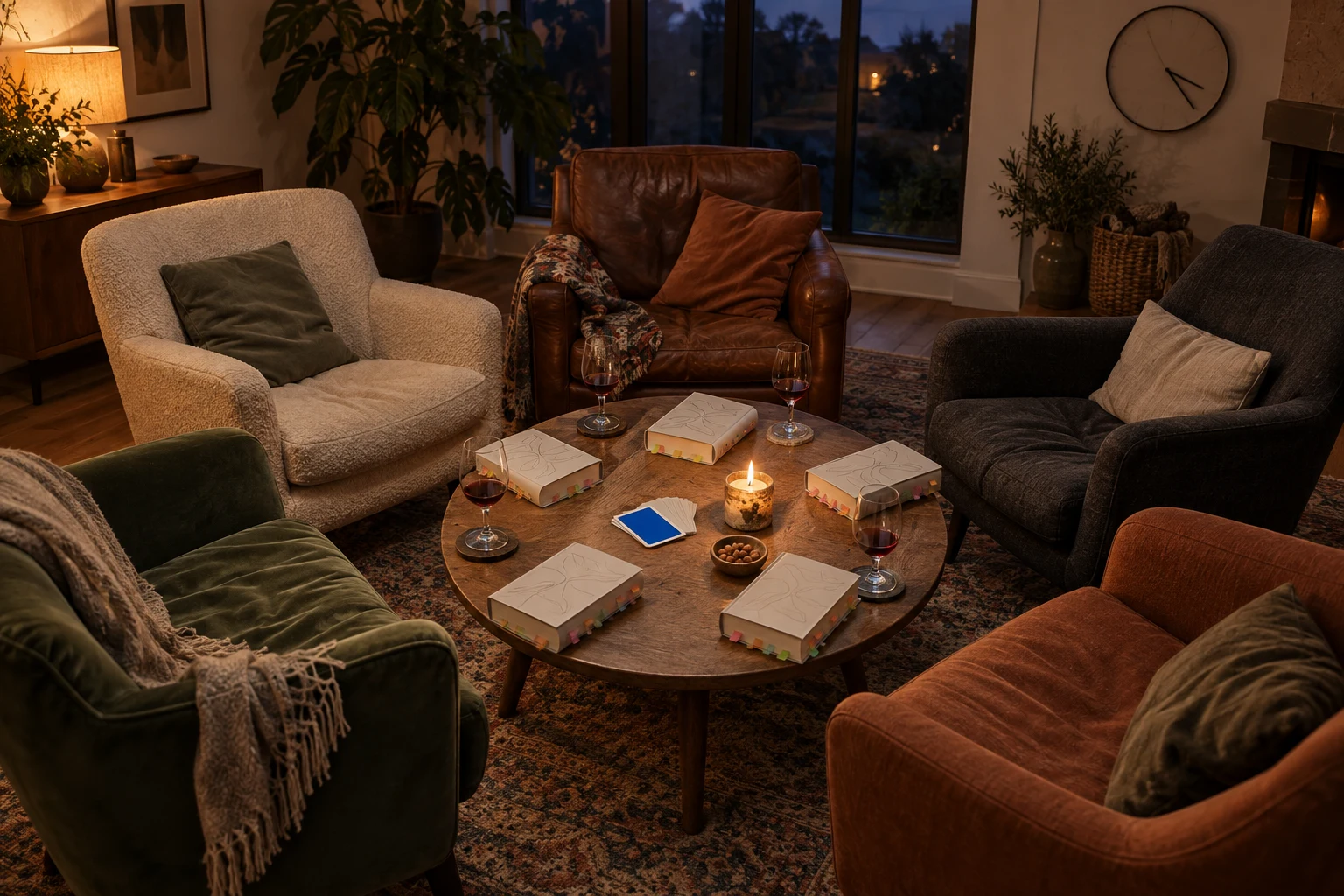 Armchairs circling a candlelit coffee table holding tabbed book copies, wine glasses and a small stack of cards