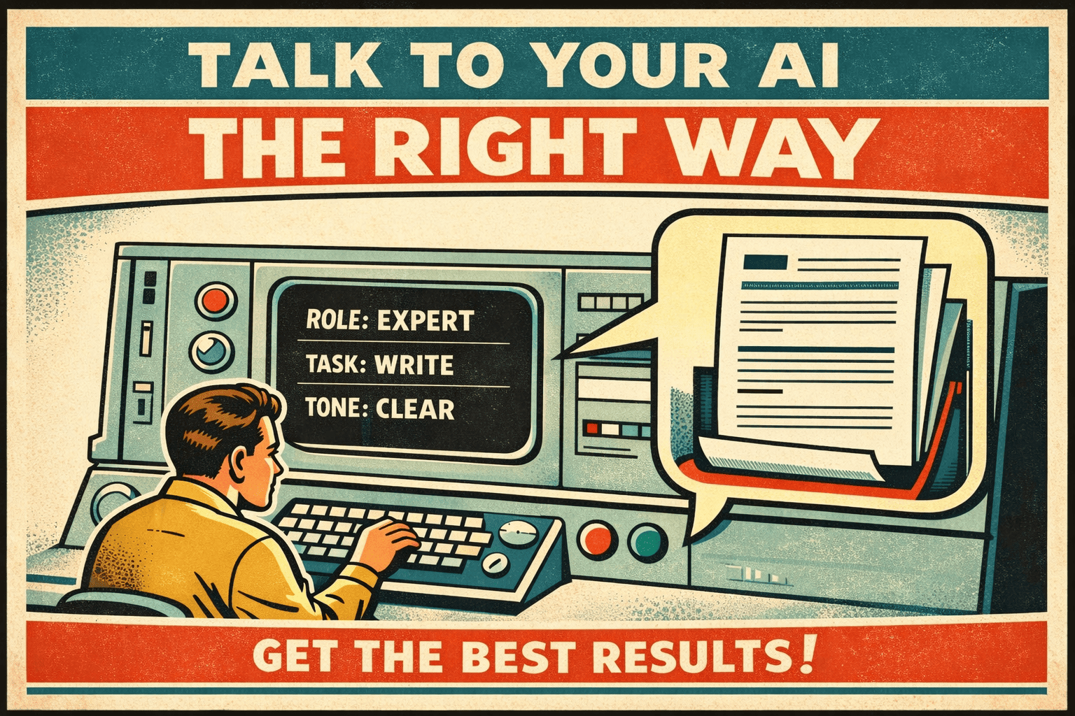 Retro illustration of a person crafting a structured AI prompt at a computer consol