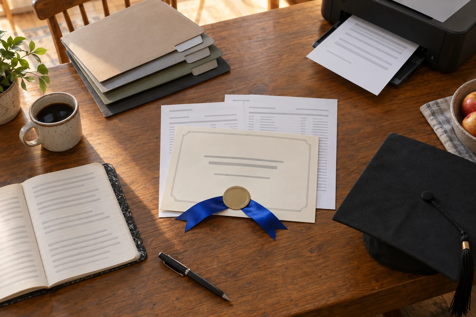Homemade homeschool diploma with a blue ribbon seal on transcript pages, beside record folders and a graduation cap