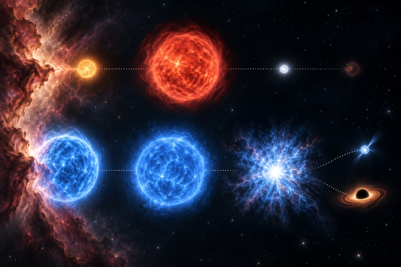 Two star paths from a nebula, to red giant and white dwarf, or to supernova, neutron star and black hole