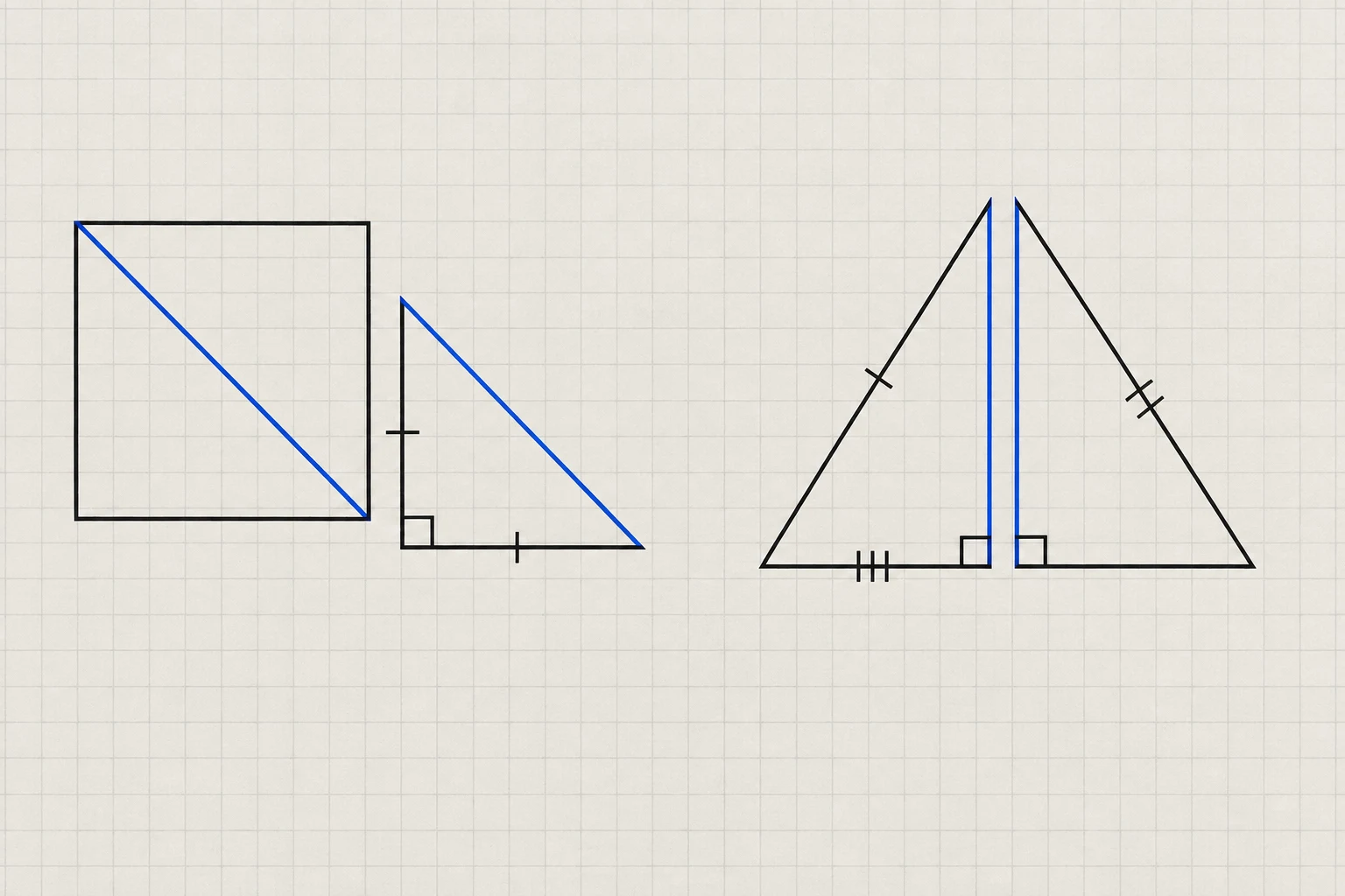 A square cut on its diagonal into a right isosceles triangle, beside an equilateral triangle split in half
