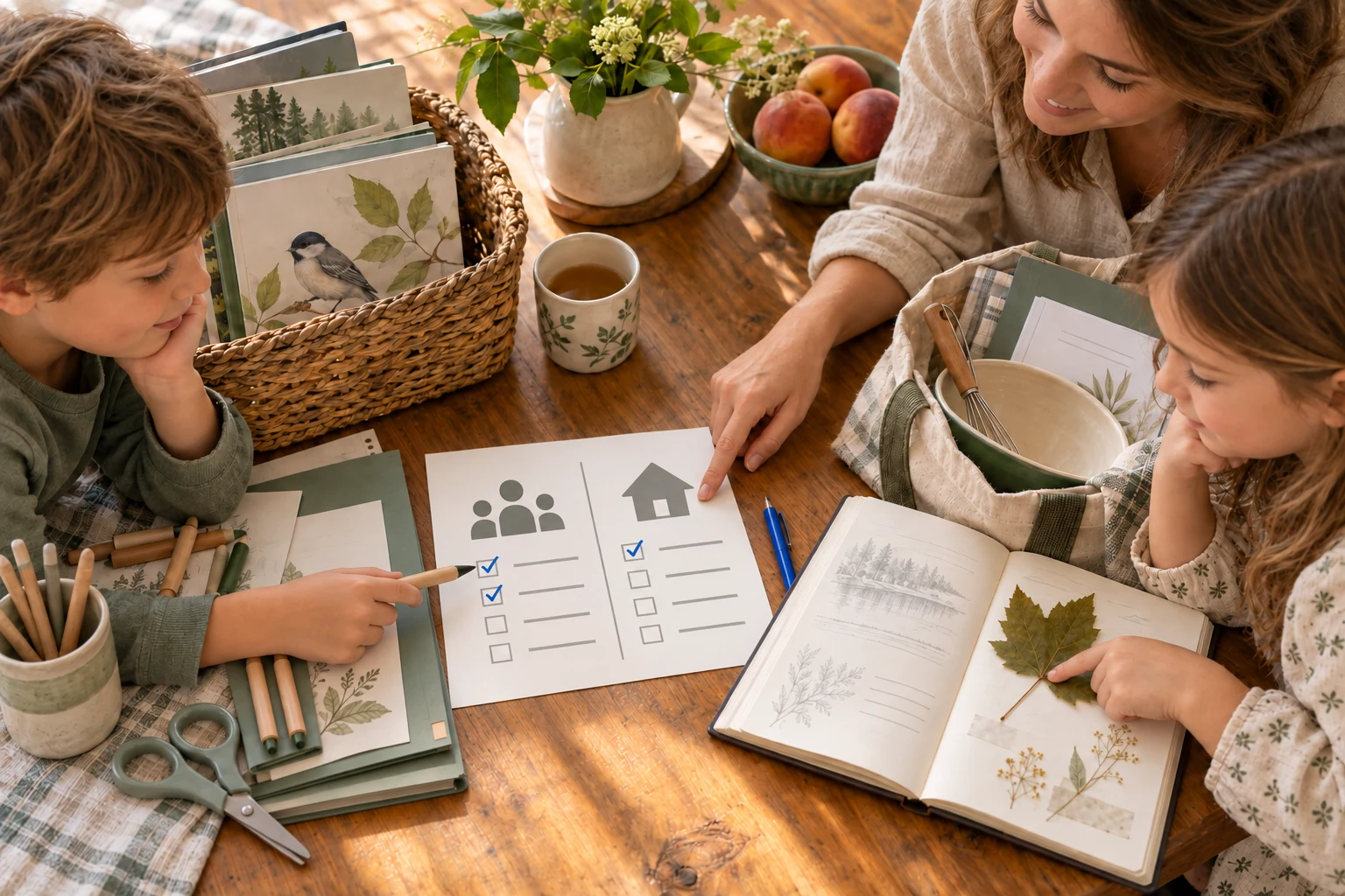 A parent and two children at a table with a checklist comparing group and home learning, beside nature study books