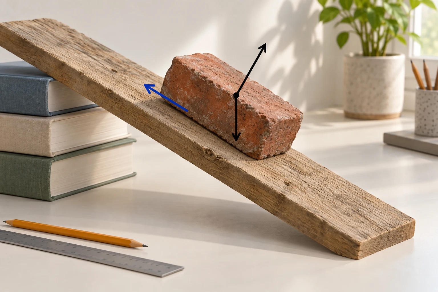 Brick resting on a tilted plank, with drawn arrows for gravity, the normal force and friction up the slope