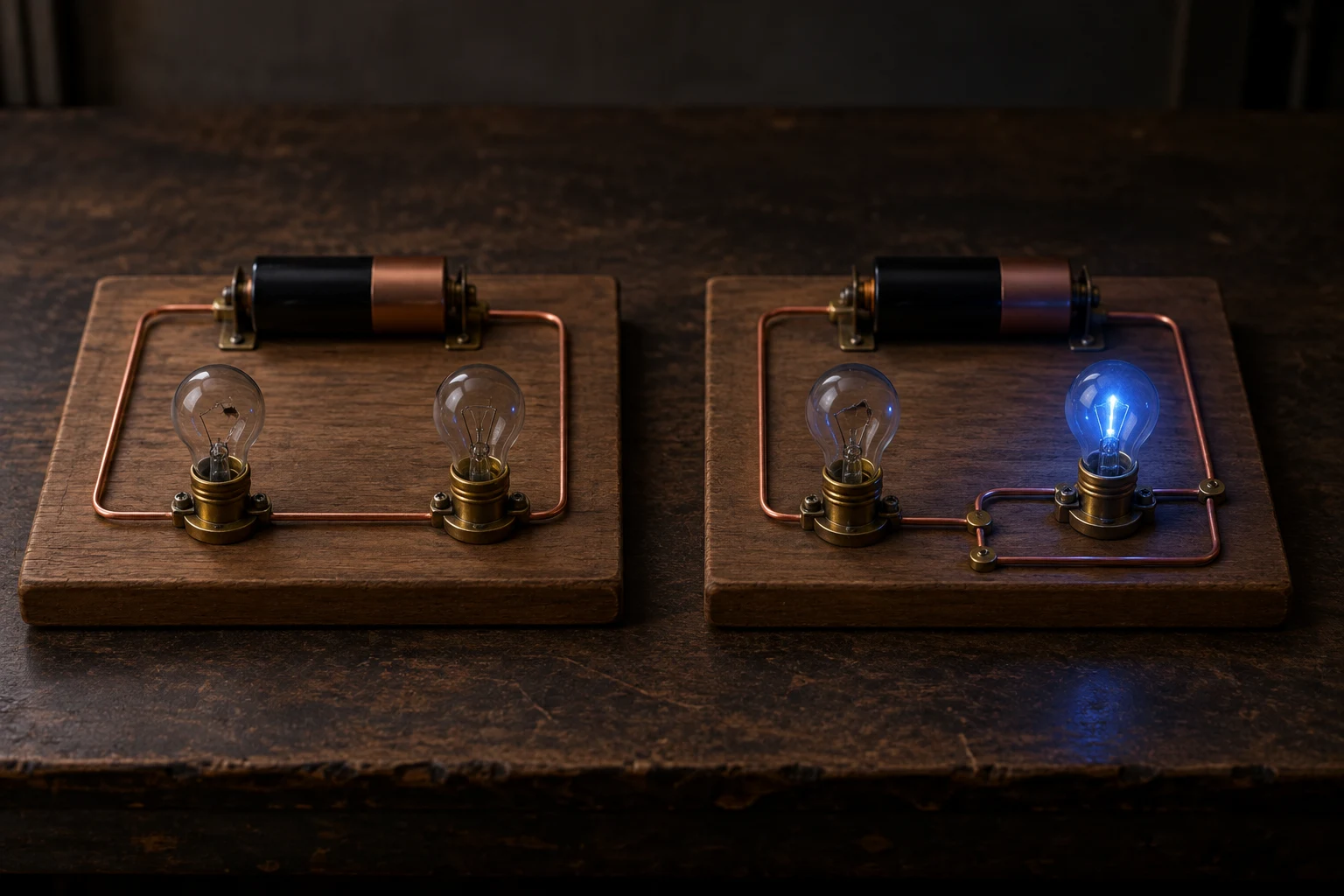 Two battery circuits with two bulbs each, both dark on the series board, one still glowing on the parallel board
