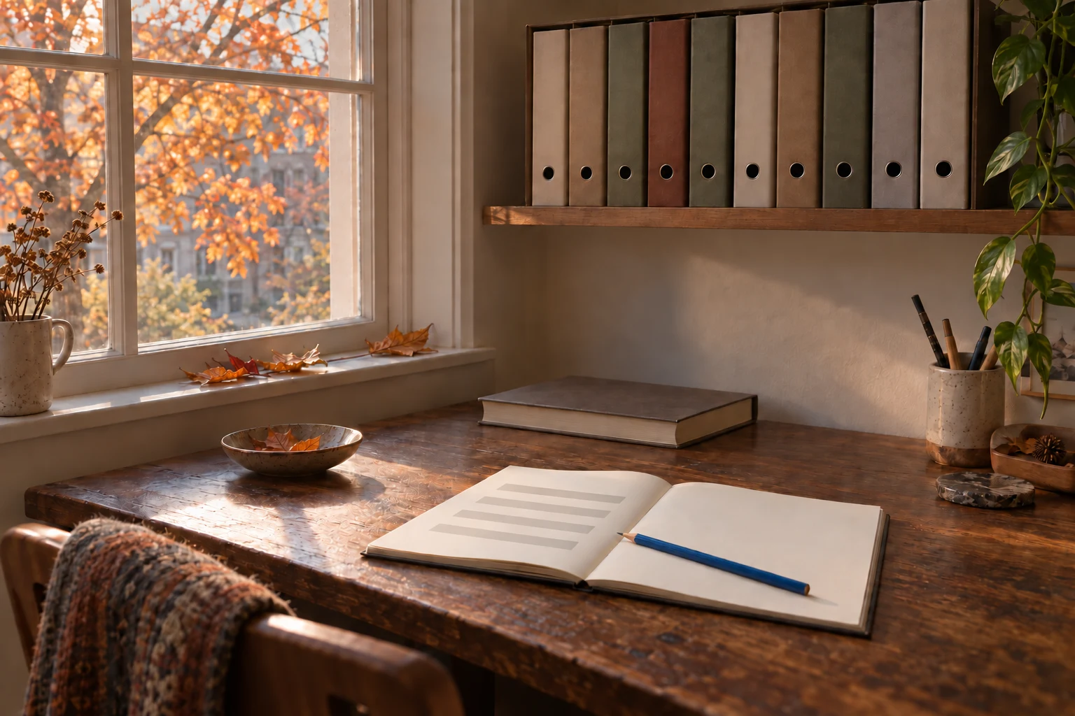A study desk by an autumn window with an open notebook, blue pencil and a shelf of subject binders