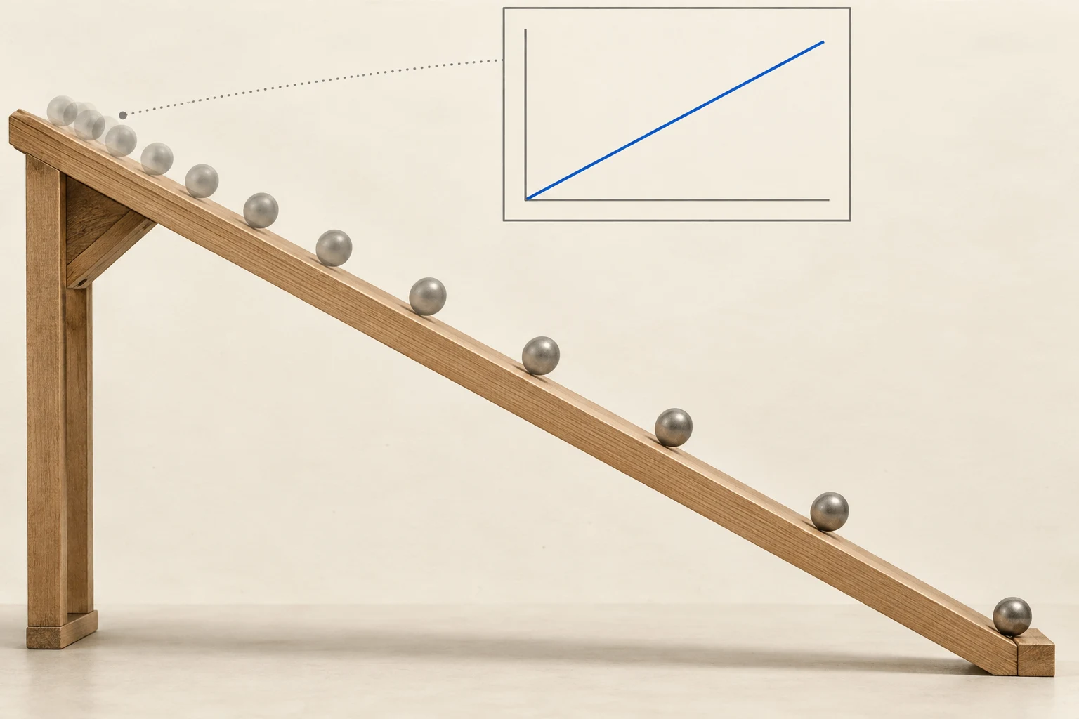Time lapse of a steel ball rolling down a wooden ramp, with an inset graph of a straight rising line
