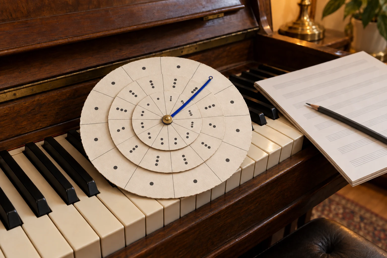Paper wheel of three stacked discs with dot patterns in twelve wedges and a blue pointer, resting on piano keys