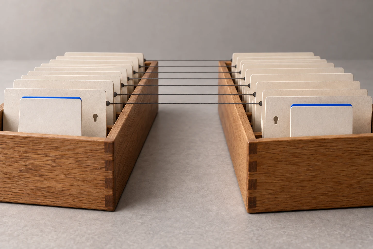 Two wooden card files facing each other, index cards linked across the gap by wires like joined table rows