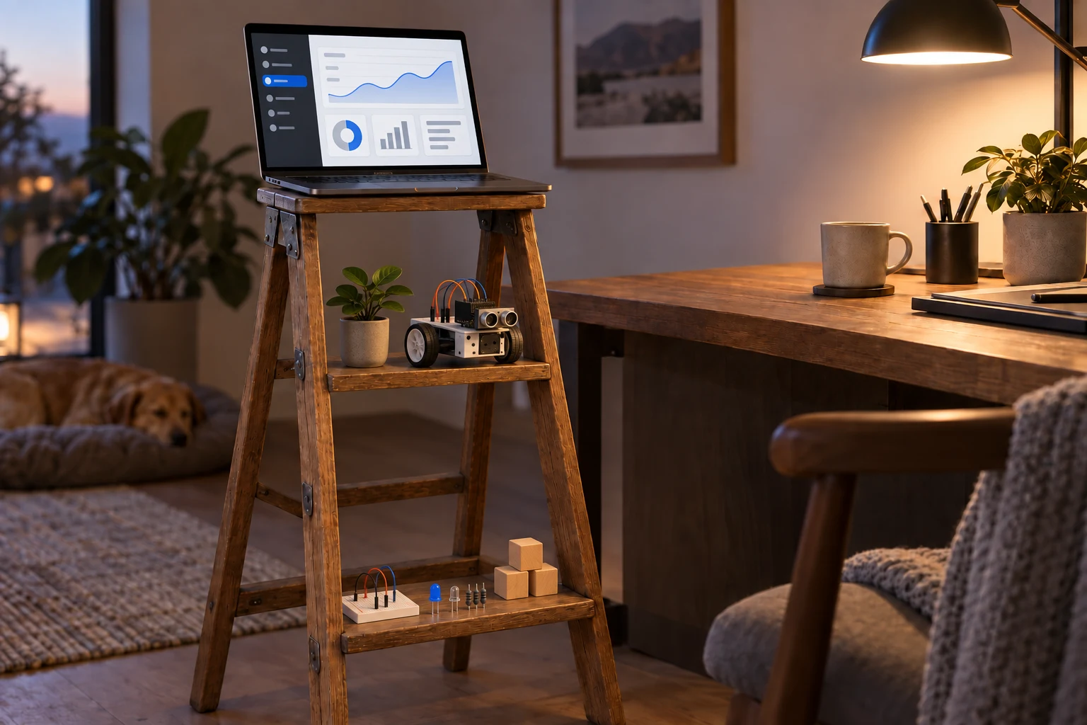 Step ladder holding electronics parts low, a small robot car in the middle and a laptop dashboard on top