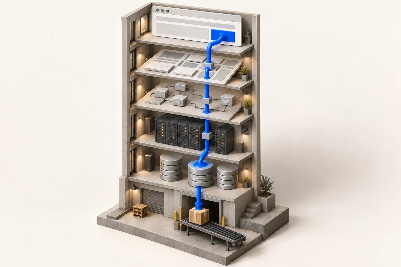 Cutaway building with a blue pipe running from a browser button through app layers and databases to a shipping box
