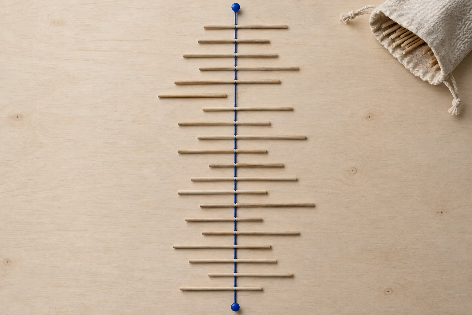 Wooden sticks laid across a vertical blue thread, nearly every stick crossing the line and one falling short