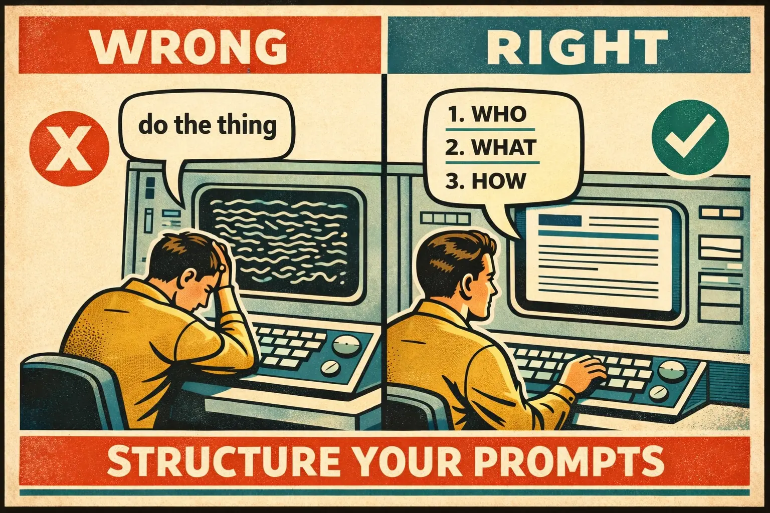 Wrong versus right comparison showing a vague prompt producing messy output and a structured prompt producing clean output