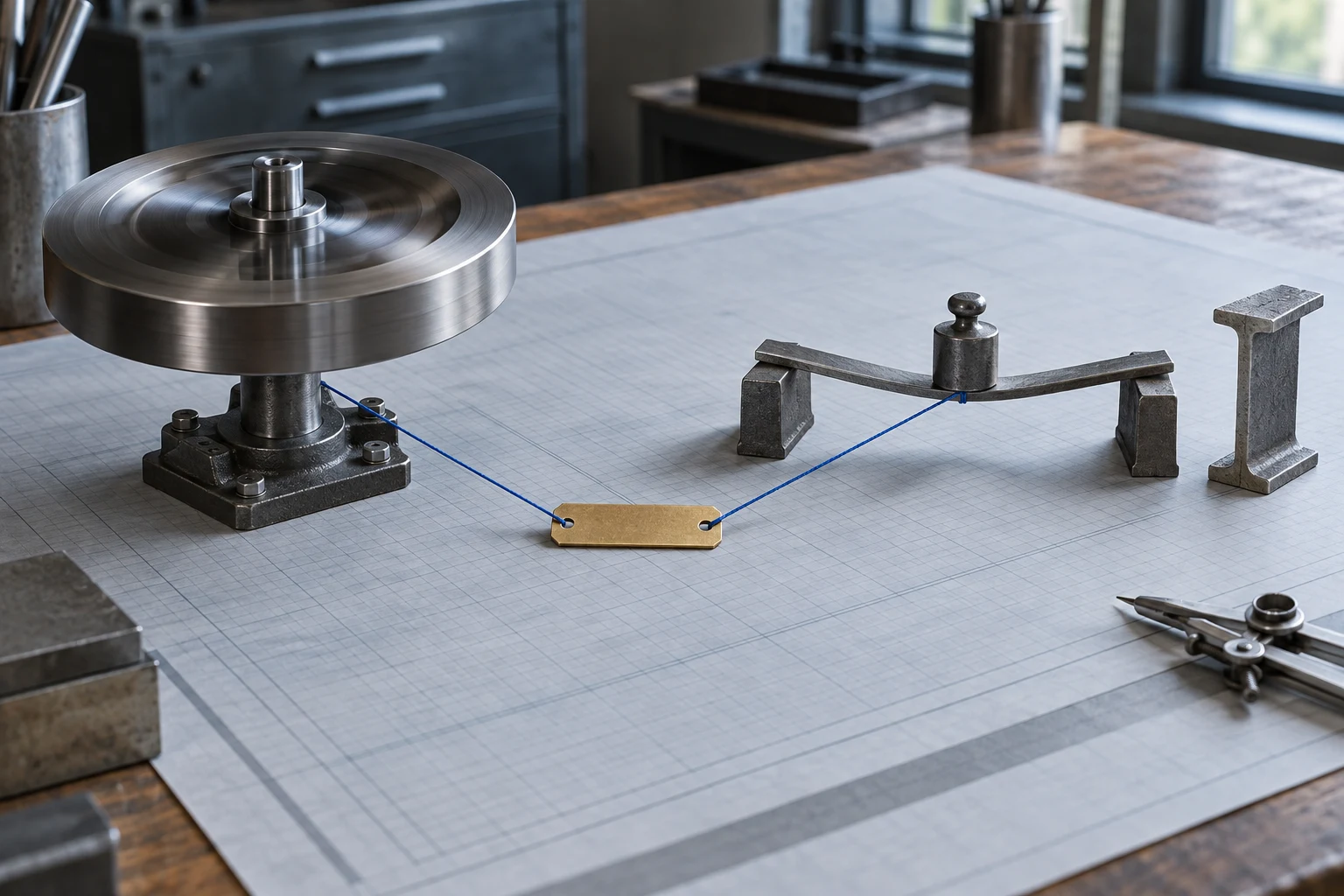 Spinning steel flywheel and a weighted beam bending on supports, both tied by blue string to one blank brass tag