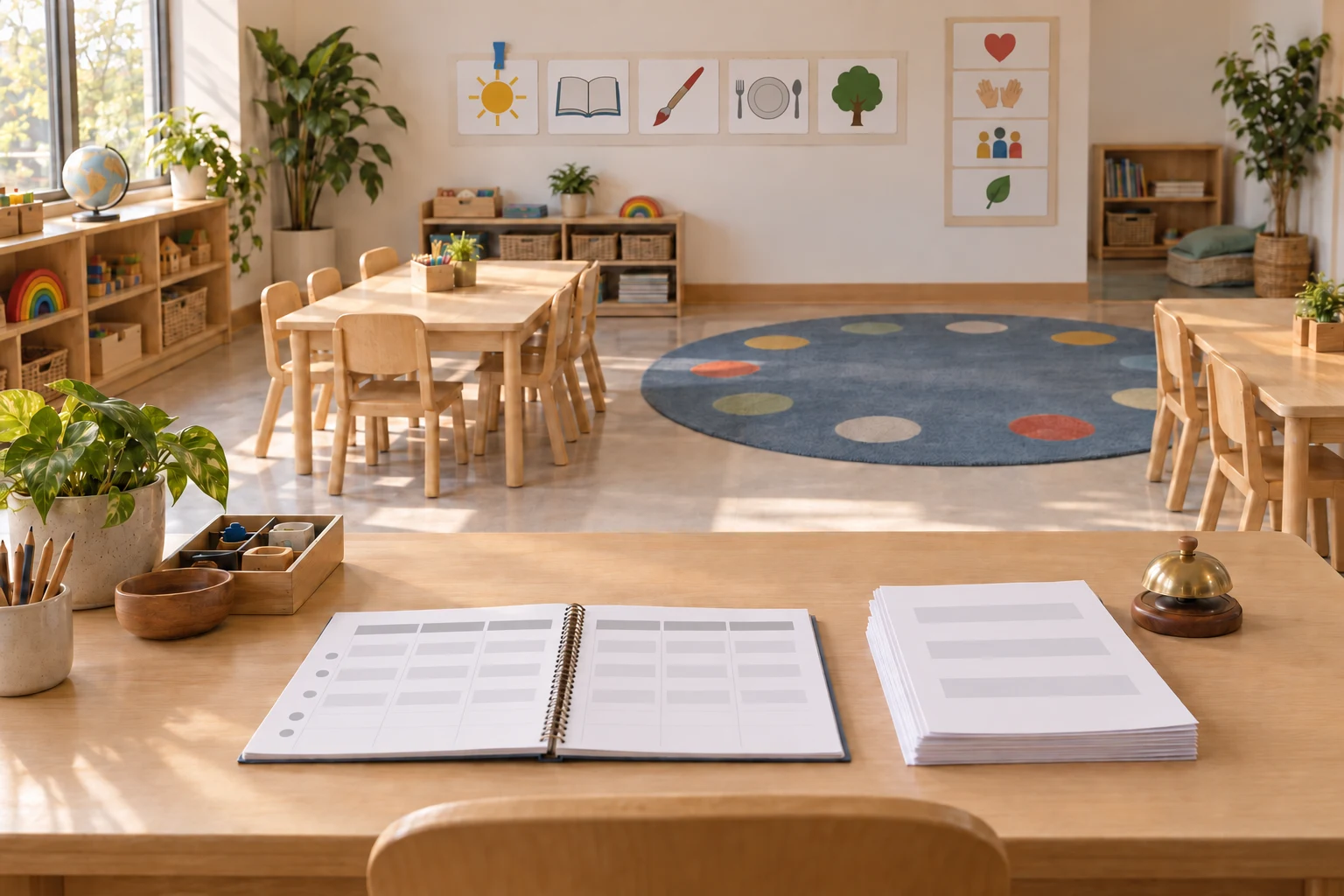 A teacher desk with an open lesson planner and worksheet stack facing a bright preschool classroom and rug