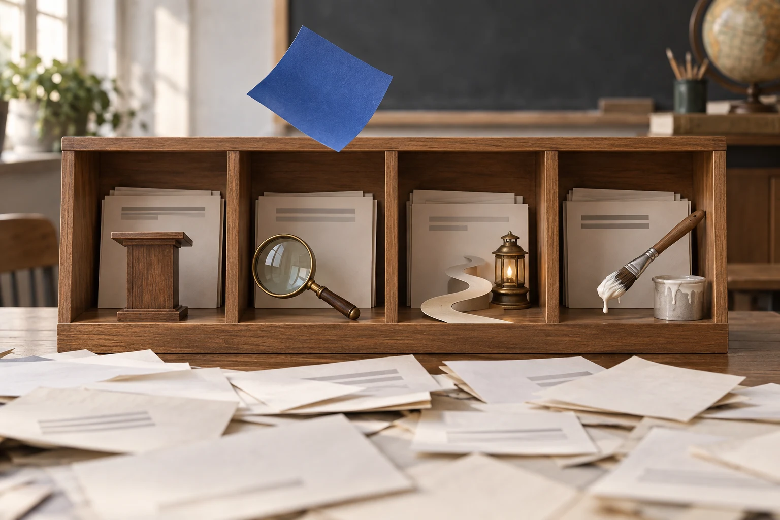 A four cubby sorter holding papers with a podium, magnifying glass, lantern and paintbrush, loose essays spread below