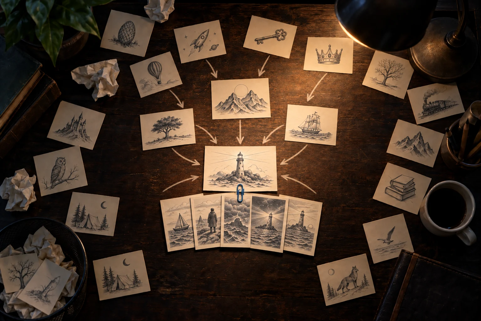 Dozens of sketched story idea cards on a dark desk, arrows narrowing them down to a single lighthouse card