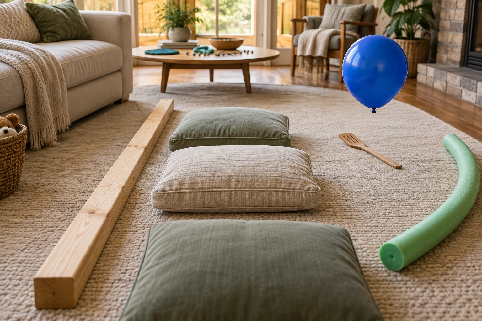 Living room floor with a wooden beam, cushion stepping stones, a pool noodle and a blue balloon for active play