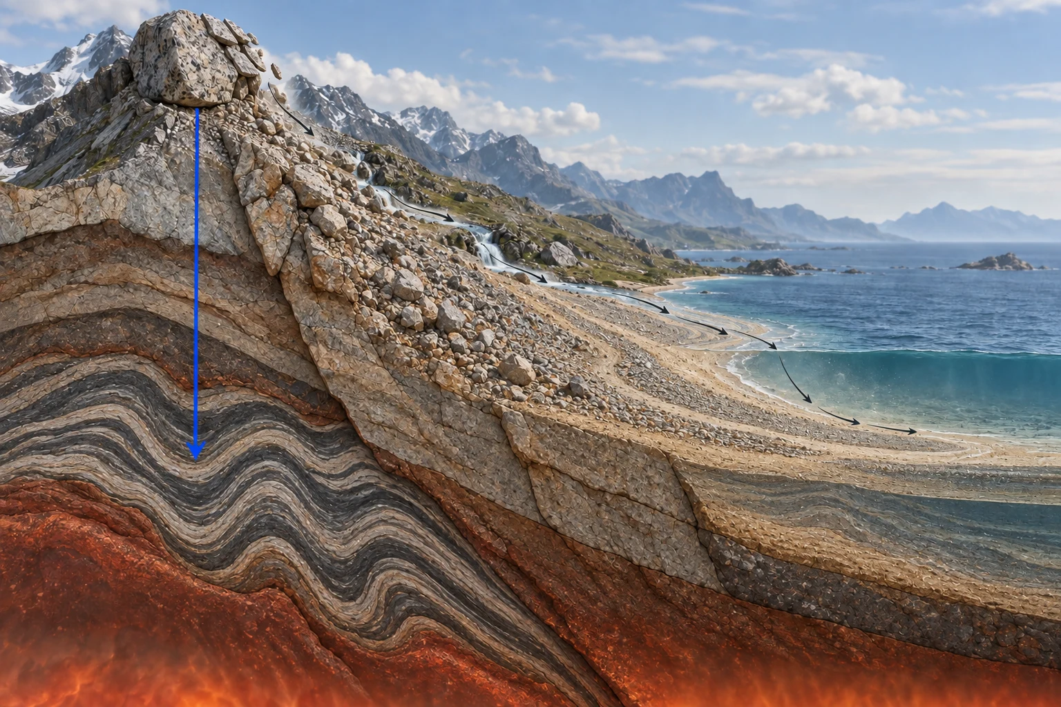 Rock cycle cutaway with a boulder, an arrow down into folded striped rock, and grains washing to the sea
