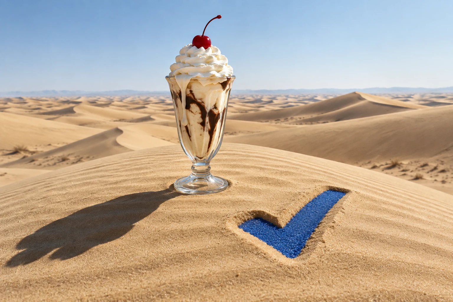 Ice cream sundae on a desert sand dune beside a blue check mark pressed into the sand